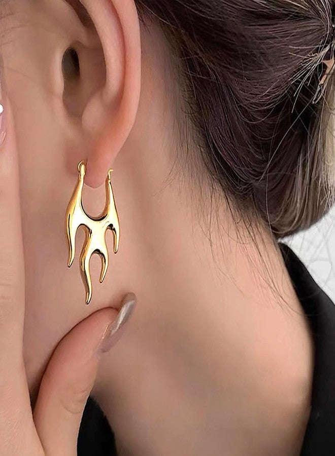 Uarein Dainty Gold Flame Hoop Earring Irregular Punk Fire Statement Earrings Trendy Minimalistic Halloween Earrings Jewelry Accessory Presents for Women Wife (Gold) - Image 2